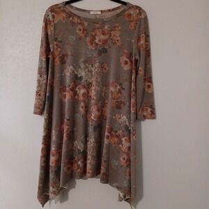 ODDY Women's Tunic Top Size Tag Removed (See Pics) Brown w/Floral Shark Tooth...